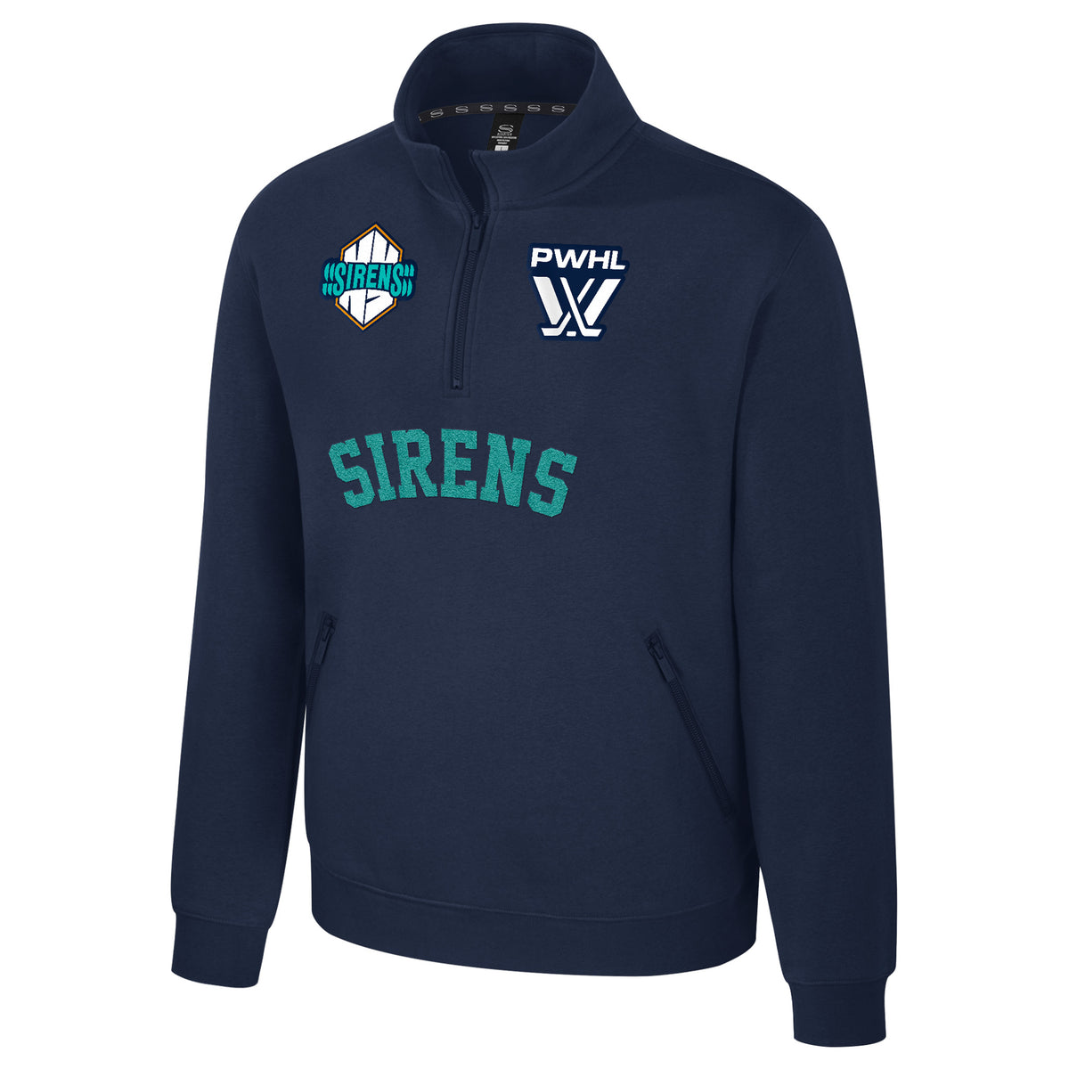 The front of a navy-blue fleece quarter zip with an embroidered white PWHL logo on the left chest and a New York Sirens logo on the right chest. Below the zipper is a teal embroidered 'SIRENS'.