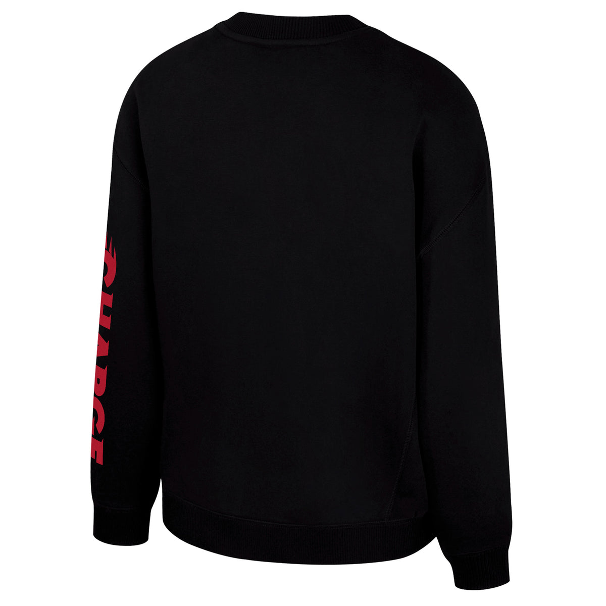 The back of a black crew neck Ottawa Charge crew neck sweatshirt with 'CHARGE' along the left sleeve with the Ottawa Charge logo in place of the 'C'. The collar, cuffs, and bottom have ribbed detailing.