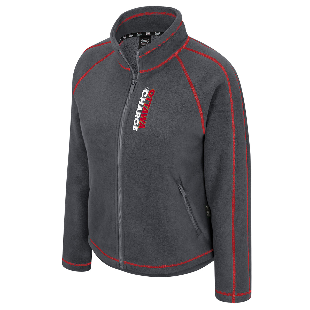 The front of a dark gray full-zip fleece jacket with red stitched seams along the arms, shoulders, and collar. Running along the zipper in the right chest is 'OTTAWA' in red with 'CHARGE' below it in white with the Ottawa Charge logo is in place of the 'C' in 'CHARGE'.