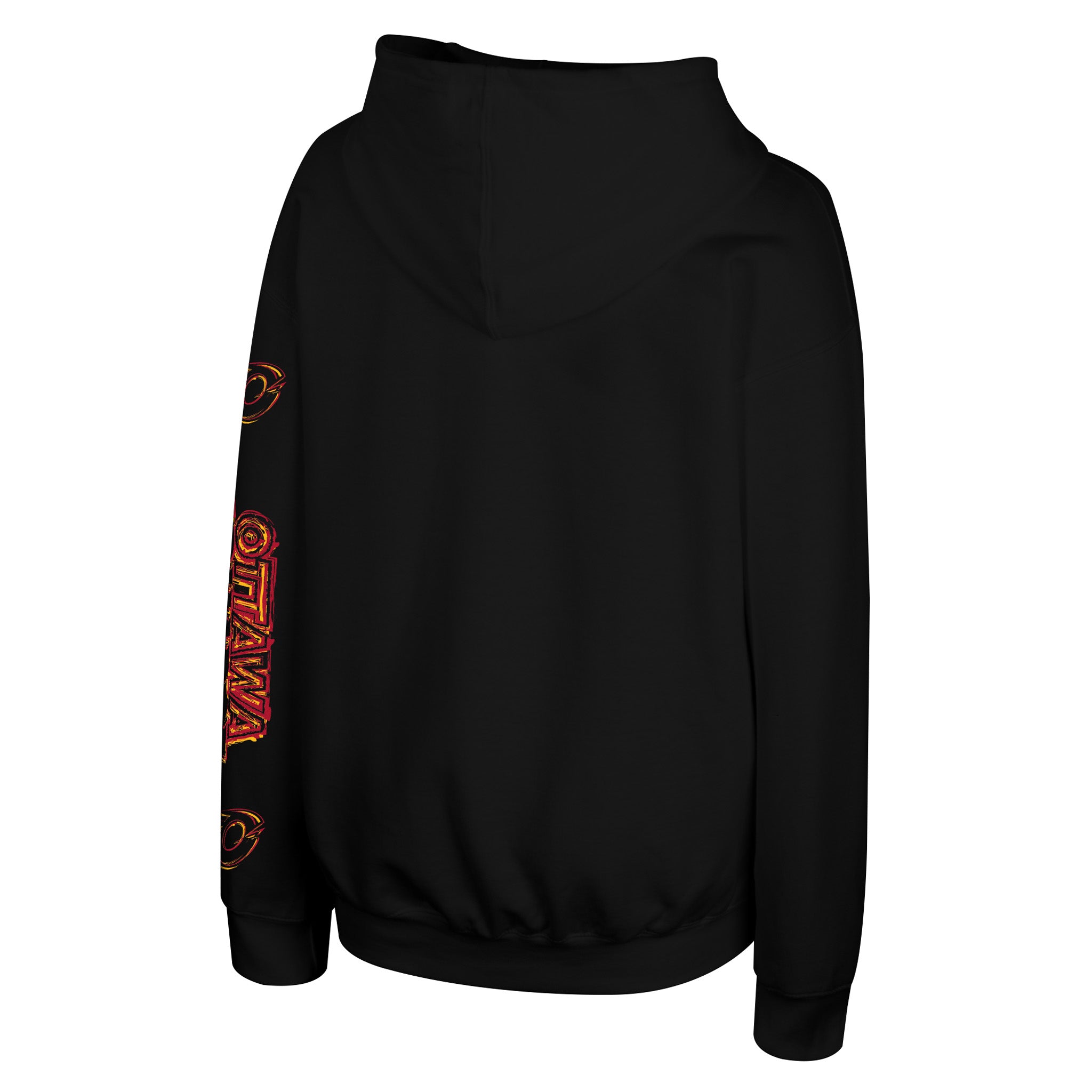 Black pullover hoodie shown from the back, featuring a vertical red and orange graphic print on the left sleeve with the word 'OTTAWA' and circular logo details.