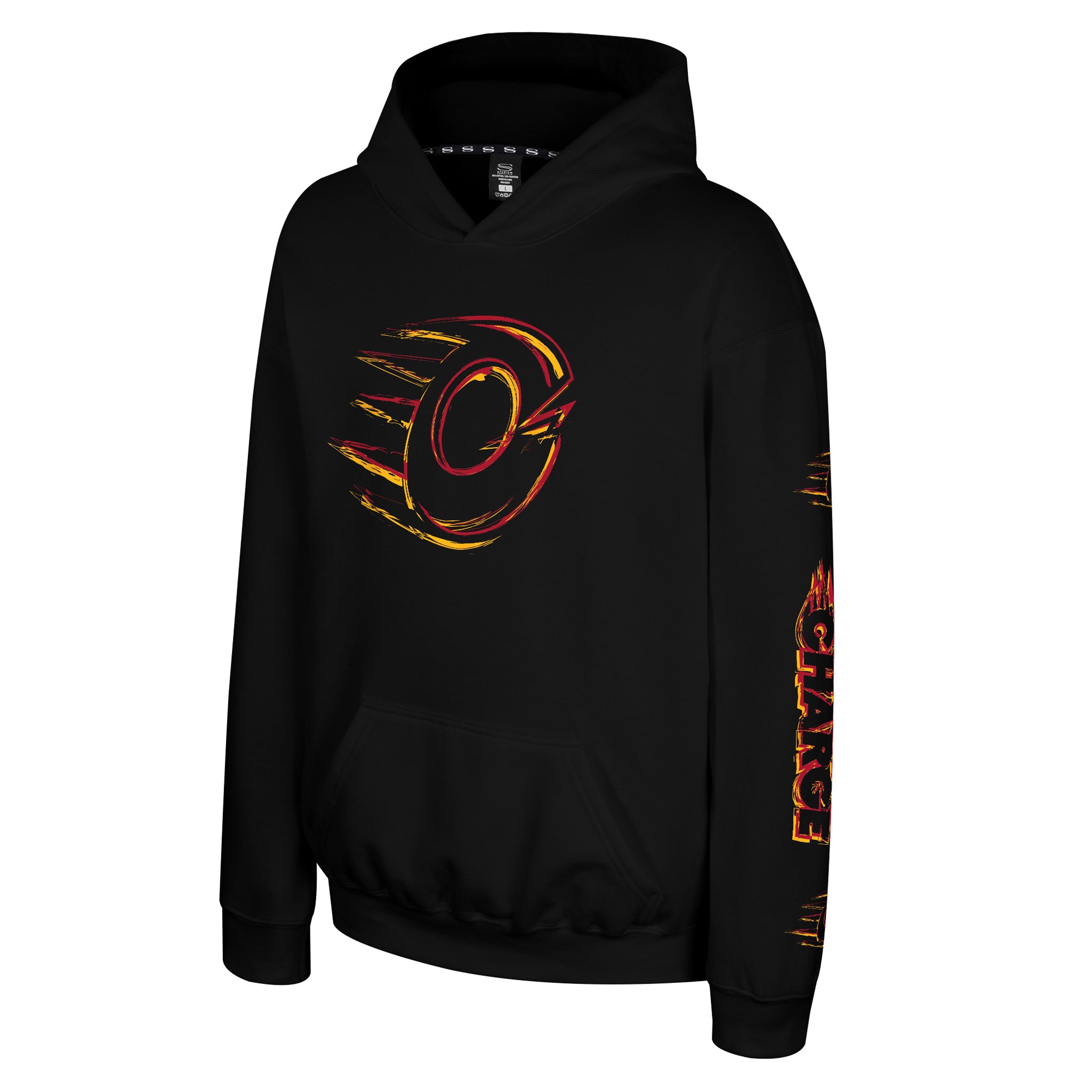A black pullover hoodie featuring a stylized Ottawa Charge logo printed in orange and yellow on the chest, with additional vertical flame-style graphics on the right sleeve.