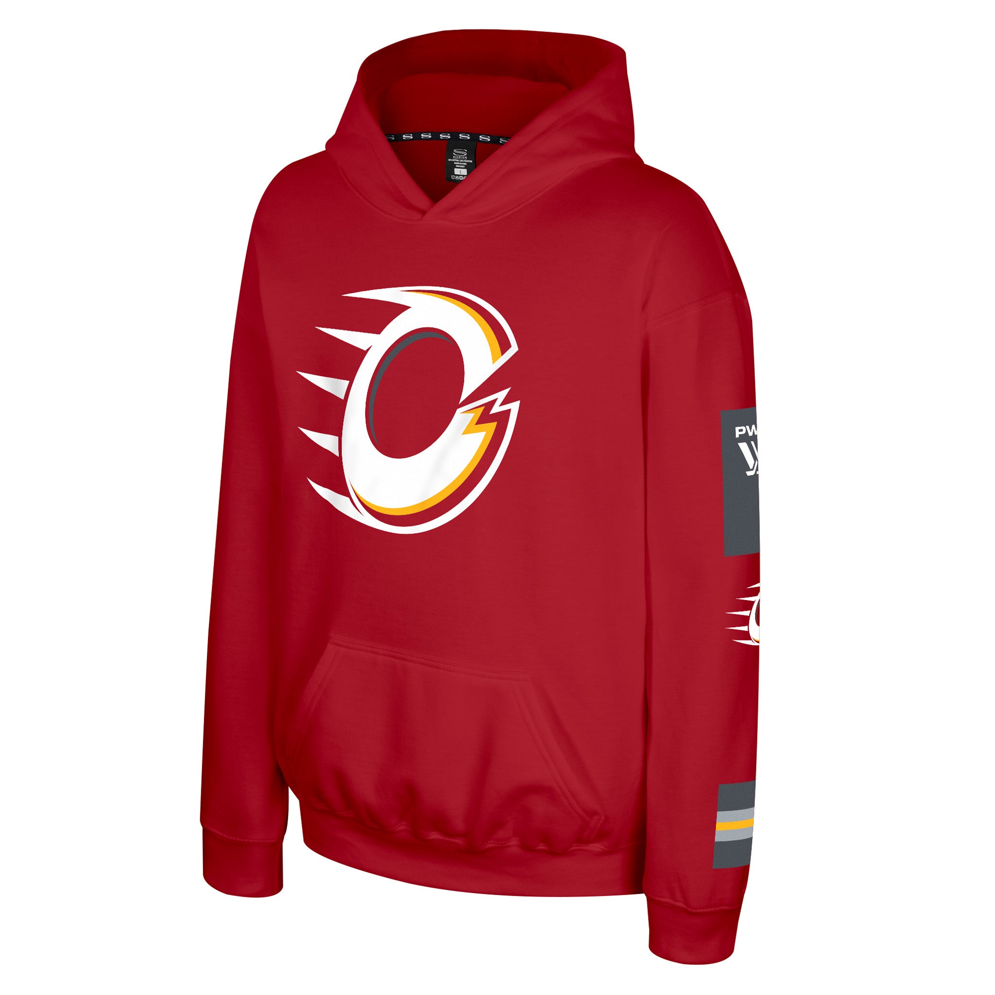 A red pullover hoodie featuring the Ottawa Charge team logo on the front, with a gray sleeve patch and white and yellow details, shown on a plain white background.