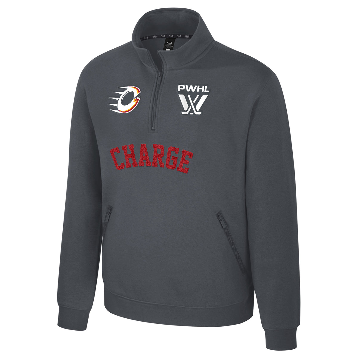 The front of a dark gray fleece quarter zip with an embroidered white PWHL logo on the left chest and an Ottawa Charge logo on the right chest. Below the zipper is a red embroidered 'CHARGE'.