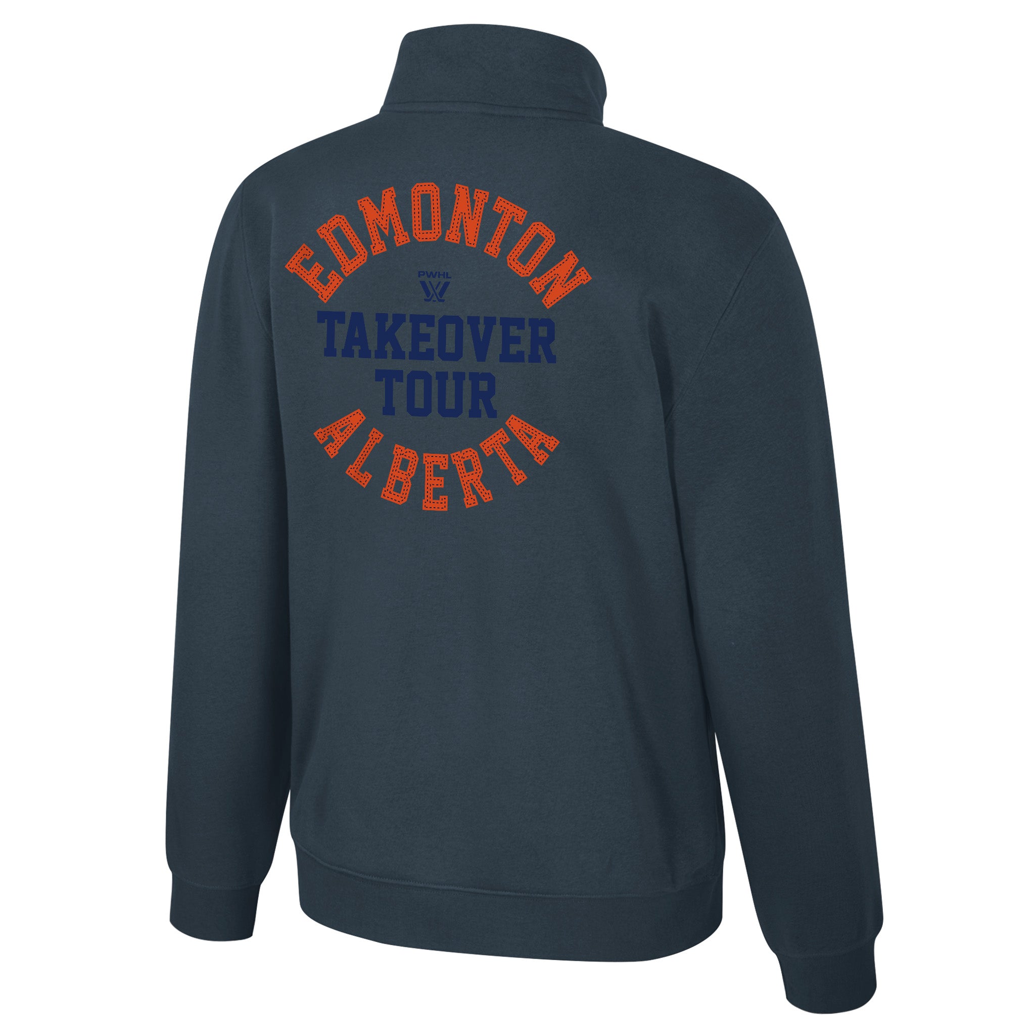 A dark slate blue half-zip sweatshirt shown from the back, featuring 'EDMONTON TAKEOVER TOUR ALBERTA' printed in orange and blue collegiate-style lettering on the back.