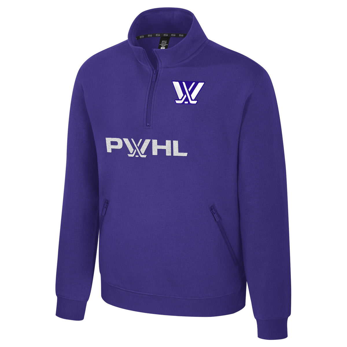 The front of a purple fleece quarter zip with an embroidered white PWHL logo on the left chest. Below the zipper is a white embroidered 'PWHL' with the PWHL logo as the 'W'.