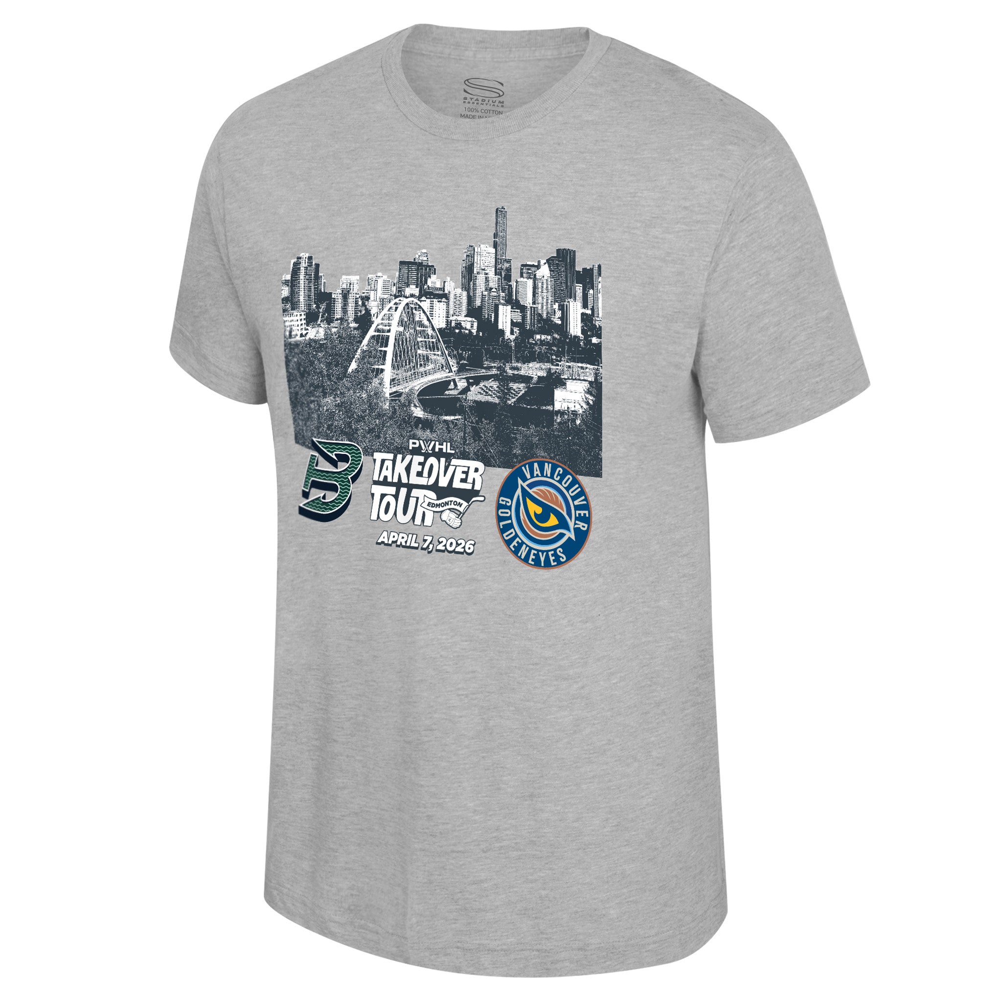 A heather gray short-sleeve crewneck t-shirt featuring a black and white Edmonton skyline graphic with a bridge, and a 'PWHL Takeover Tour' graphic on the front.