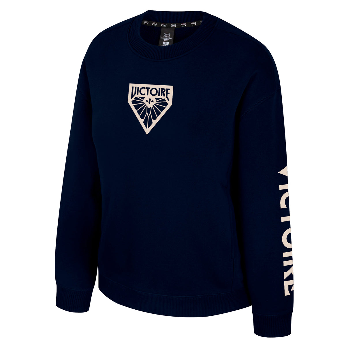 The front of a navy-blue crew neck sweatshirt with ribbed collar, cuffs and bottom band. A cream mono-color Montreal Victoire logo is in the center of the chest with 'VICTOIRE' along the left sleeve.