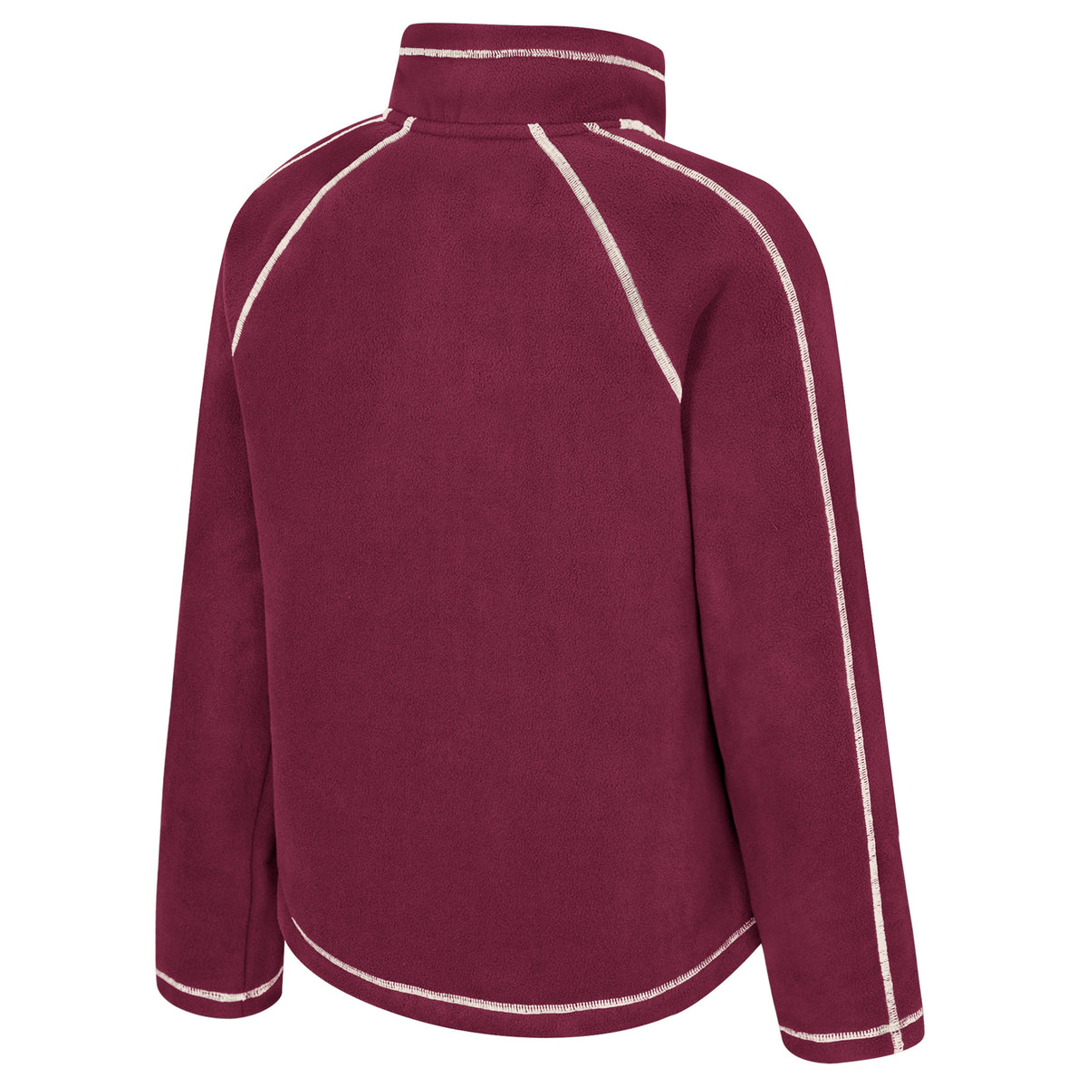 The back of a burgundy Montreal Victoire full-zip fleece jacket with white stitched seams along the arms, shoulders, and collar.