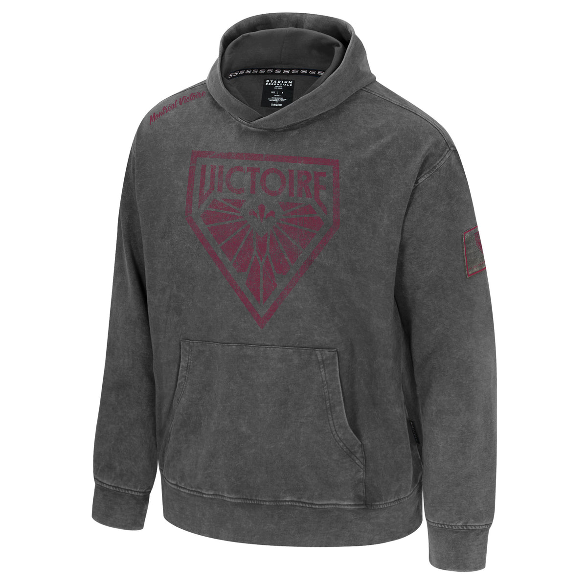 The front of a dark gray wash hooded sweatshirt with a large burgundy mono-color Montreal Victoire logo at the center of the chest. 'Montreal Victoire' in burgundy is in cursive on top of the right shoulder and a dark gray wash patch on the left arm containing the Montreal Victoire logo.