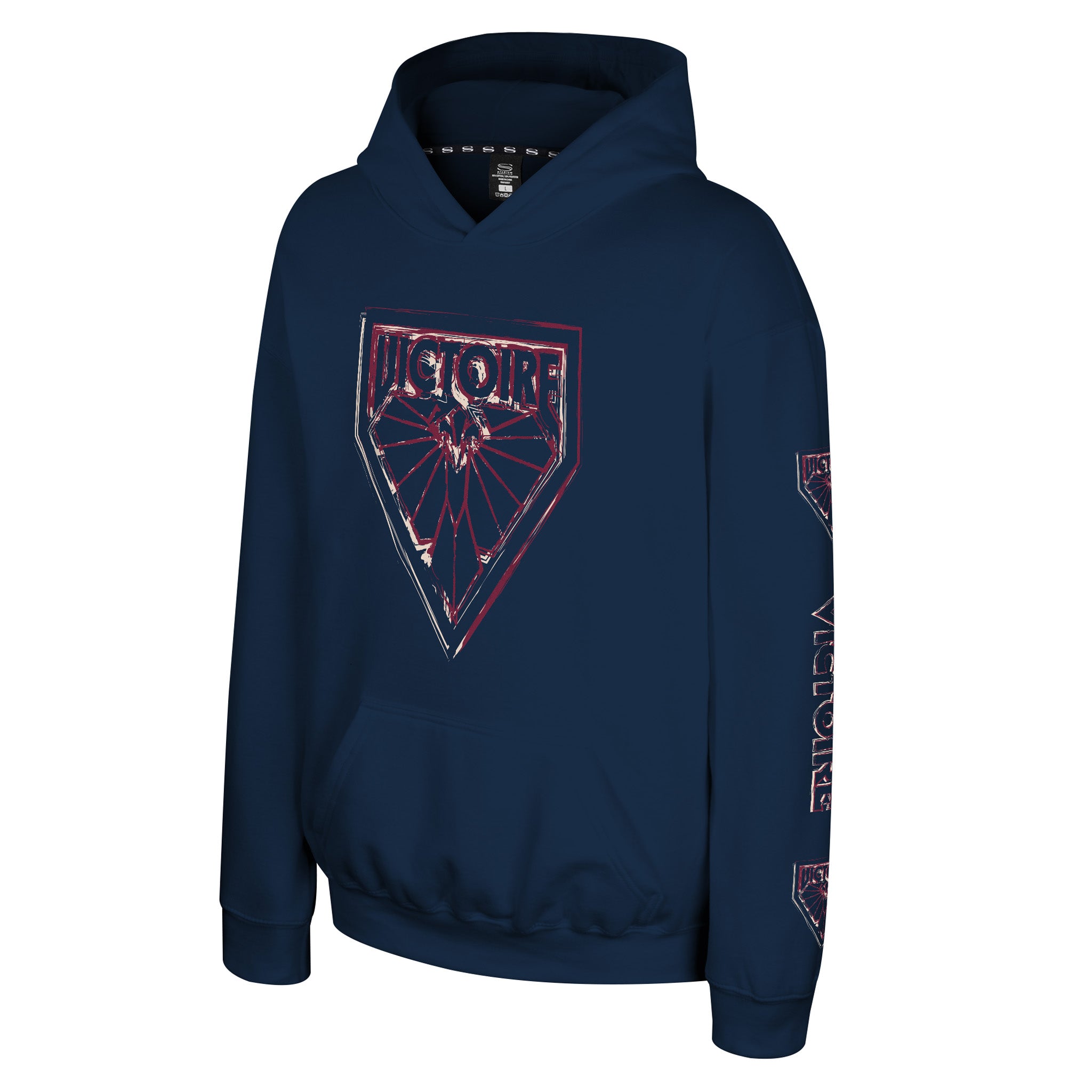 A navy blue pullover hoodie featuring a large distressed red and white shield graphic on the chest with the word 'VICTORE' and a baseball design, plus matching graphics on the sleeve.