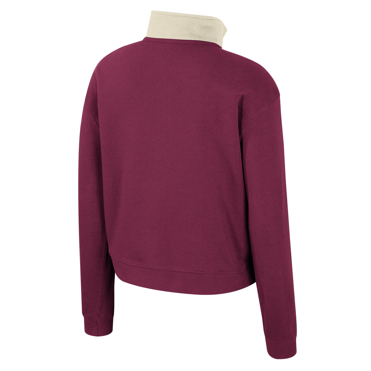 The back of a burgundy Montreal Victoire fleece half zip with cream color blocking on the collar.
