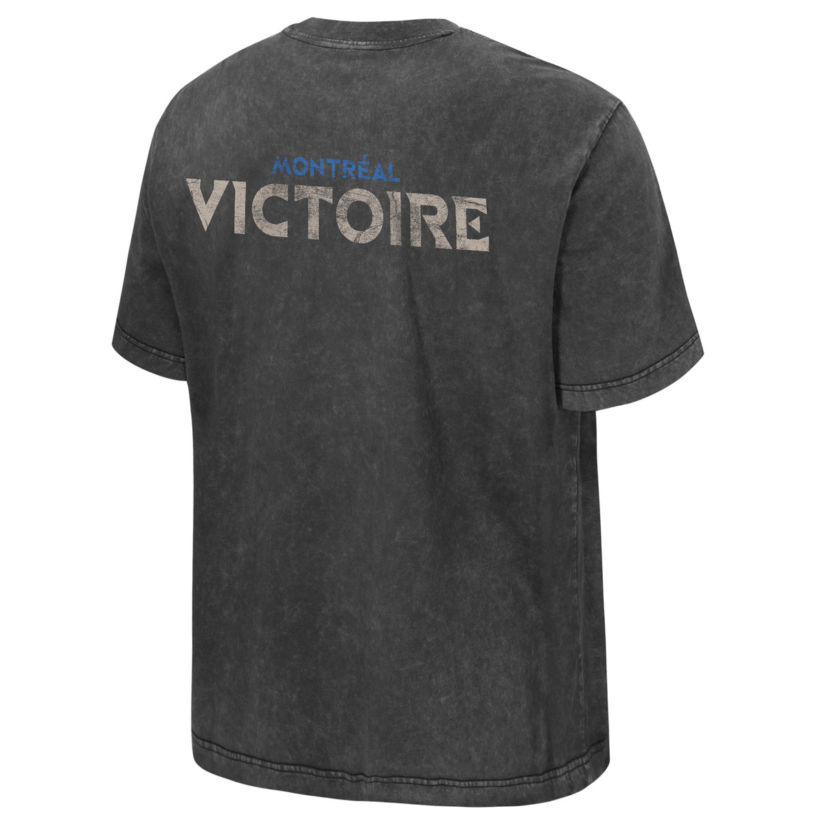 The back of a dark gray wash short sleeve shirt that has 'MONTREAL' in blue with 'VICTOIRE' in white below it.