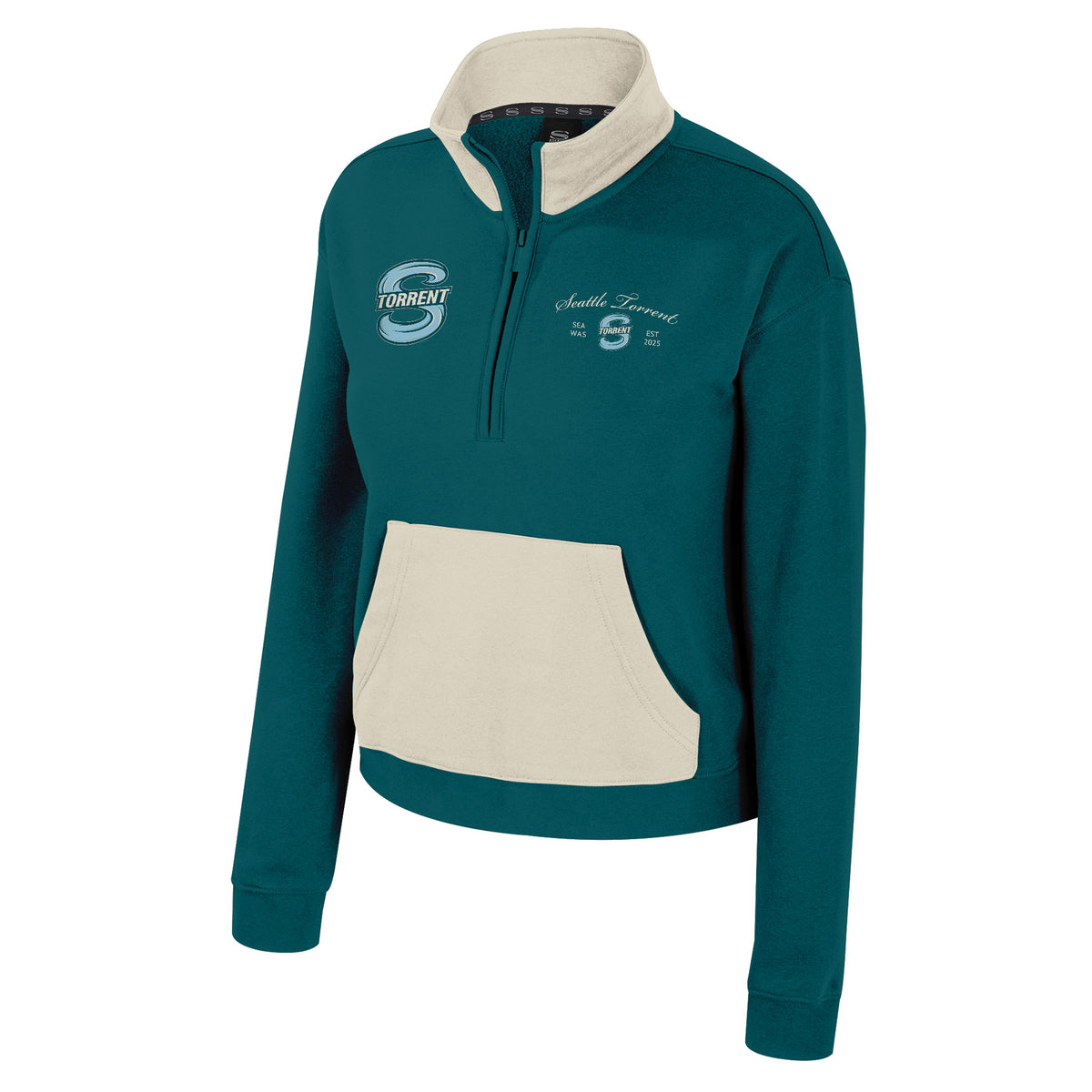 The front of a slate green fleece half zip with cream color blocking on collar and front pocket. The right chest has an embroidered Seattle Torrent logo. The left chest has ‘Seattle Torrent’ embroidered in cream color cursive above a small, embroidered Seattle Torrent Logo with ‘SEA WAS’ and ‘EST 2025’ on each side of it.