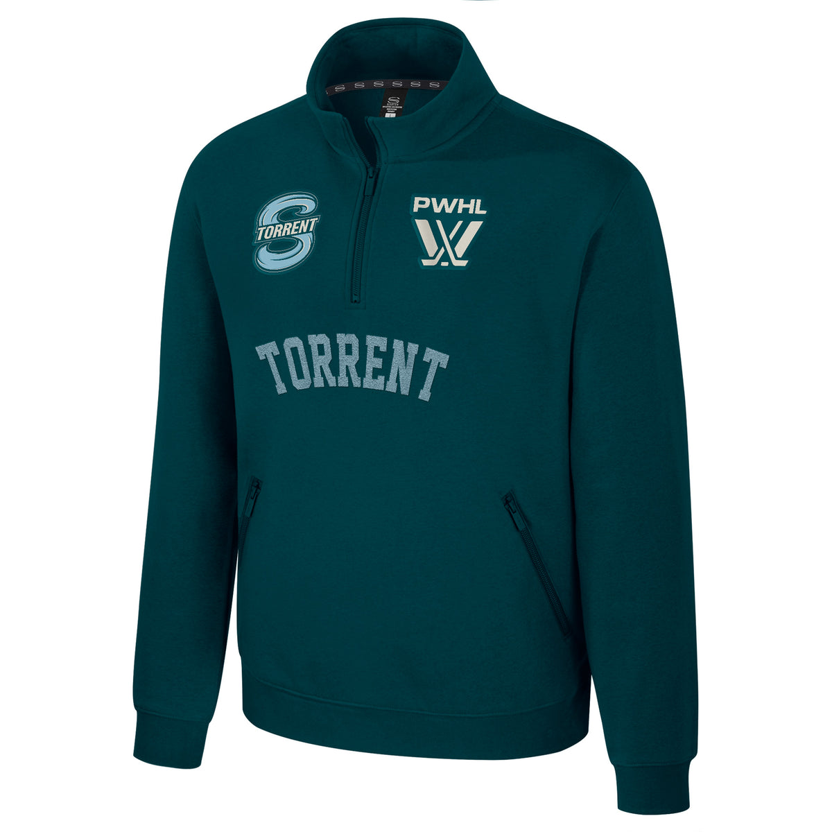 The front of a slate green fleece quarter zip with an embroidered white PWHL logo on the left chest and a Seattle Torrent logo on the right chest. Below the zipper is a light blue embroidered 'TORRENT'.