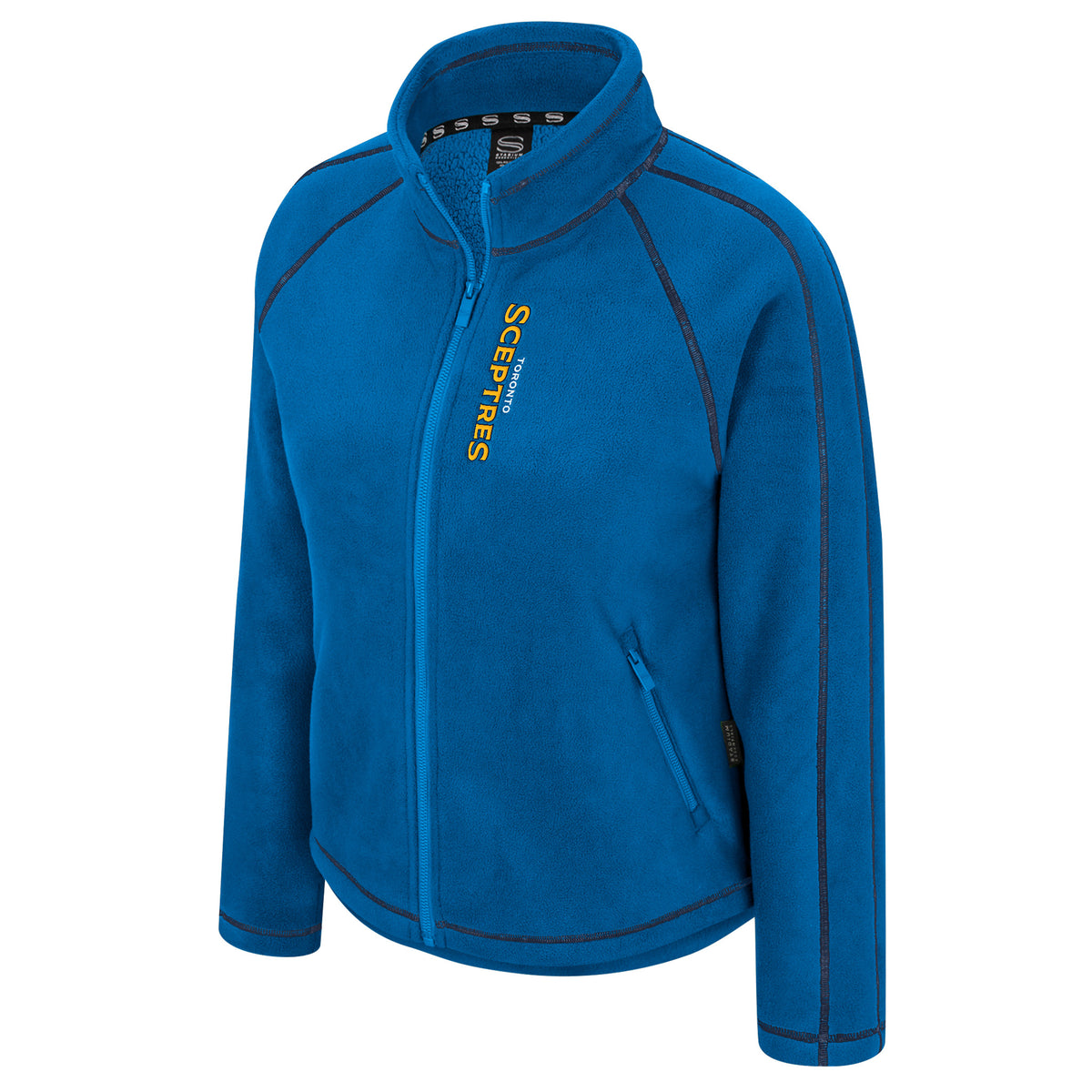 The front of a blue full-zip fleece jacket with black stitched seams along the arms, shoulders, and collar. Running along the zipper in the right chest is a small 'TORONTO' in white with a larger 'SCEPTRES' in yellow below it.
