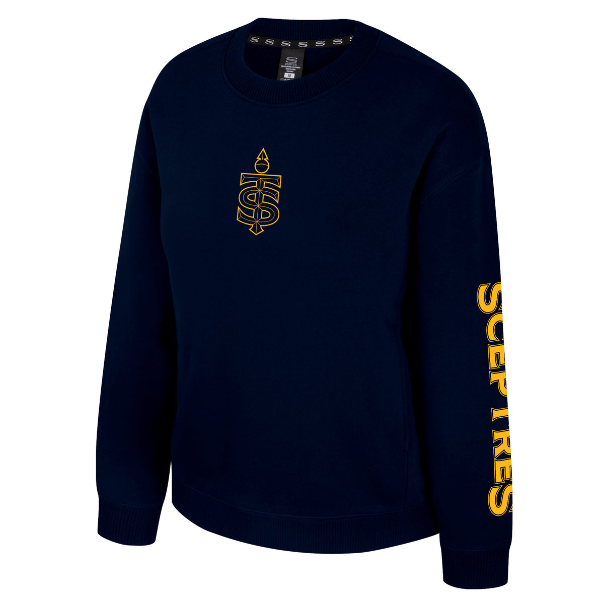The front of a navy-blue crew neck sweatshirt with ribbed collar, cuffs and bottom band. A yellow mono-color Toronto Sceptres logo is in the center of the chest with 'SCEPTRES' along the left sleeve.