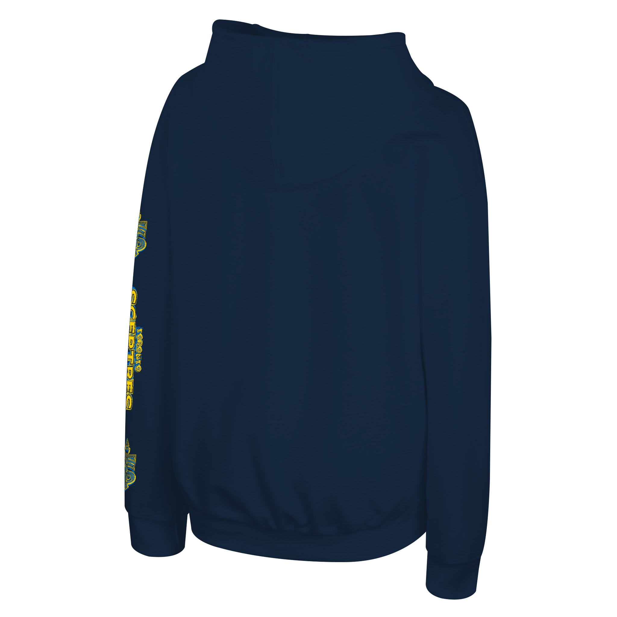 A navy blue long-sleeve hoodie shown from the back, featuring a yellow and green graphic print on the left sleeve, set against a plain white background.