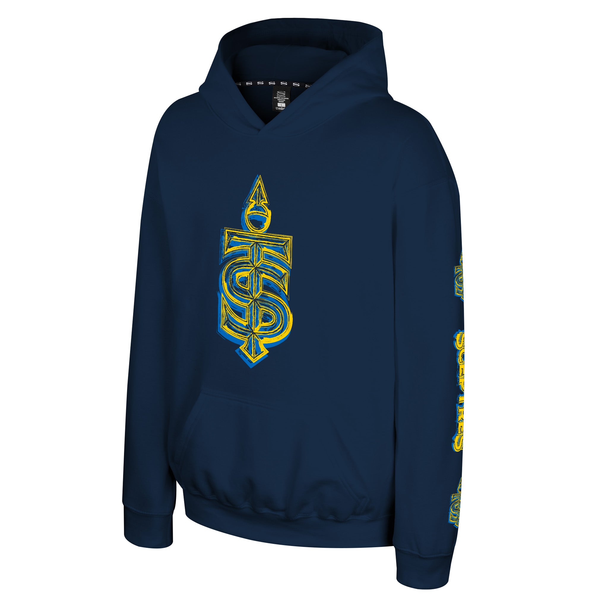 A navy blue pullover hoodie with a large white and teal outlined 'S' graphic on the chest containing the word 'SCEPTRES', and matching vertical graphics on the sleeves, shown on a plain white background.