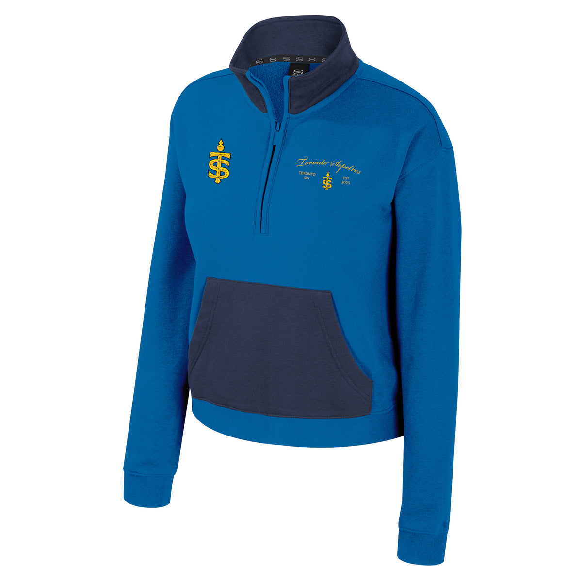 The front of a royal blue fleece half zip with navy-blue color blocking on collar and front pocket. The right chest has an embroidered Toronto Sceptres logo. The left chest has ‘Toronto Sceptres’ embroidered in yellow cursive above a small, embroidered Toronto Sceptres Logo with ‘TORONTO, ON’ and ‘EST 2023’ on each side of it.