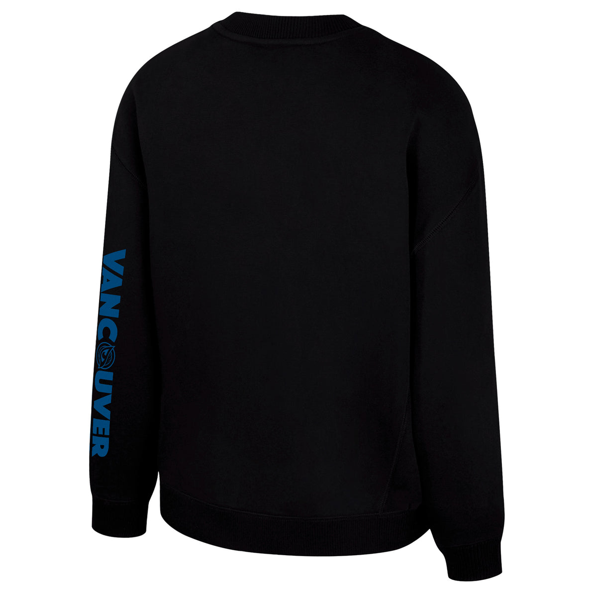 The back of a black crew neck Vancouver Goldeneyes crew neck sweatshirt with 'VANCOUVER' along the left sleeve with the Vancouver Goldeneye logo in place of the 'O'. The collar, cuffs, and bottom have ribbed detailing.