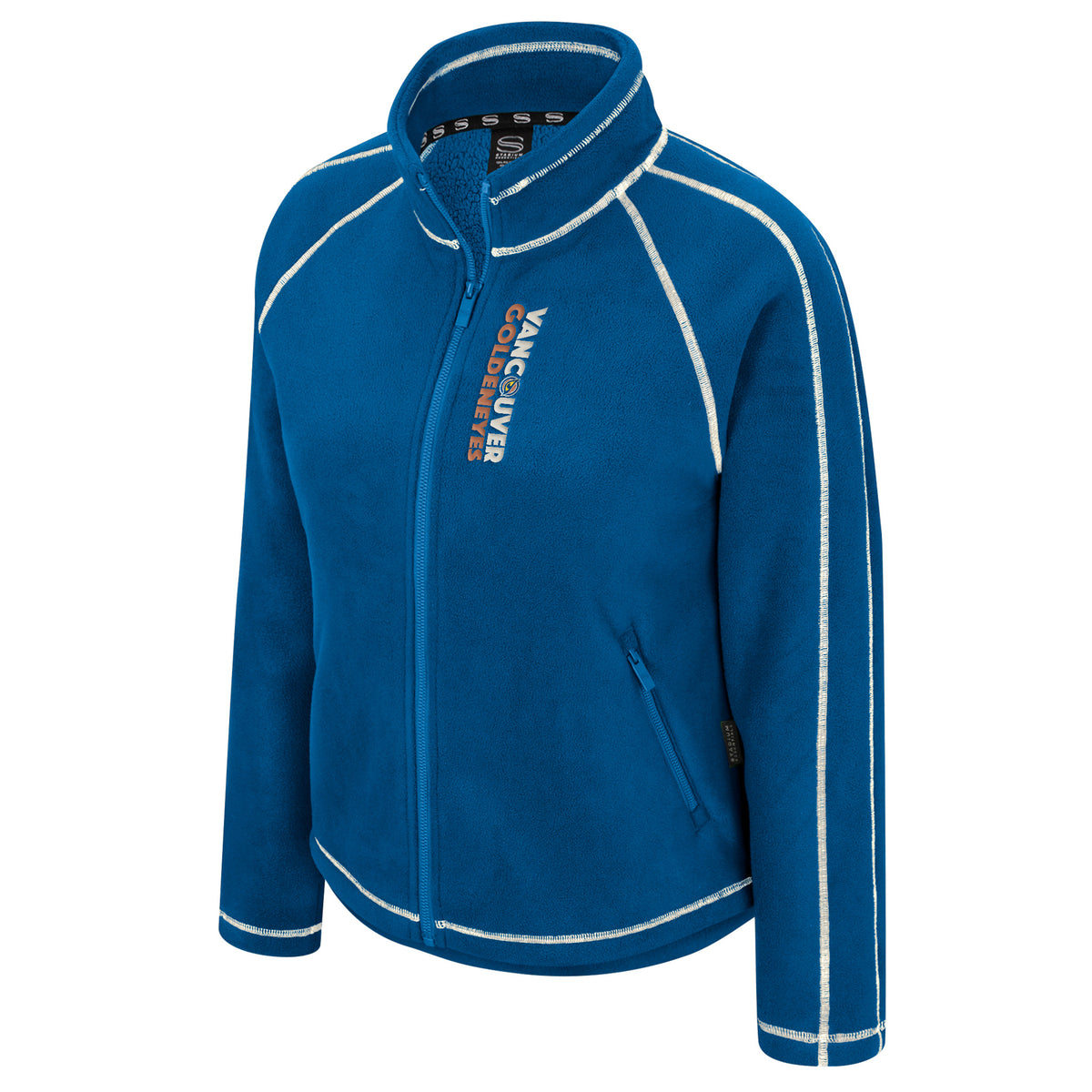 The front of a blue full-zip fleece jacket with white stitched seams along the arms, shoulders, and collar. Running along the zipper in the right chest is 'VANCOUVER' in white with 'GOLDENEYES' below it in tan. The Vancouver Goldeneyes logo is in place of the 'O' in Vancouver.