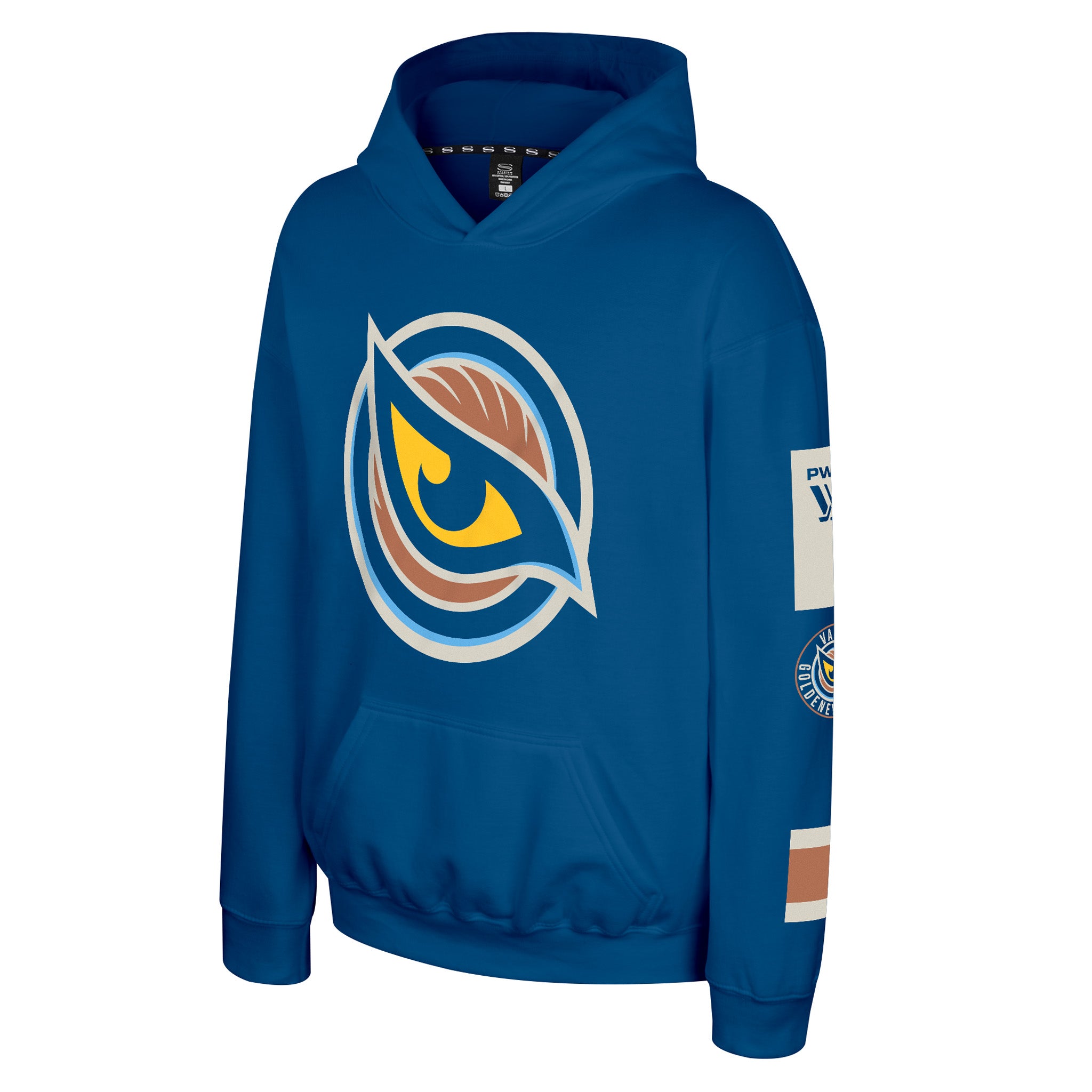 A royal blue pullover hoodie featuring the Vancouver Goldeneyes logo on the front and a sleeve patch, shown on a plain white background.