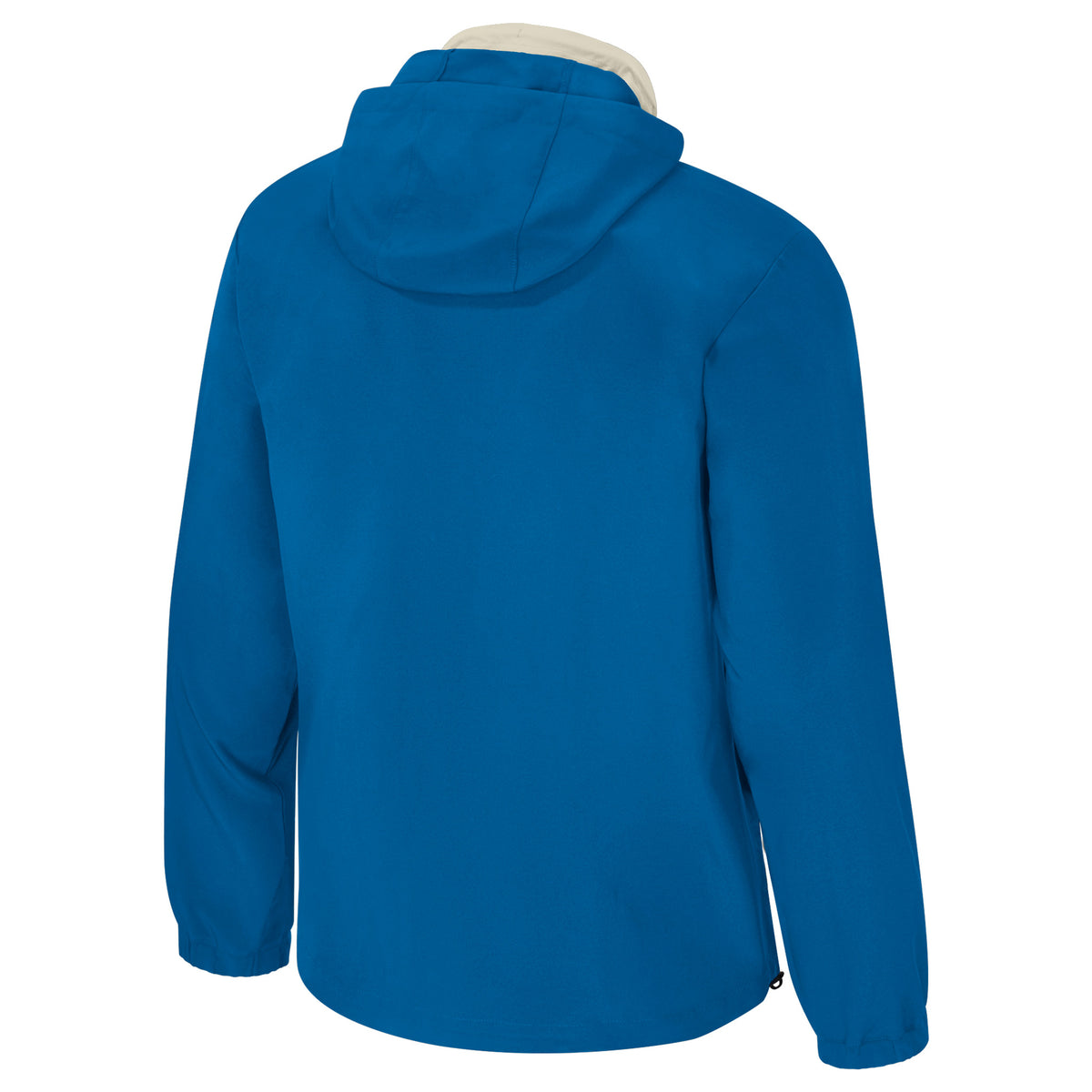 The back of a hooded blue Vancouver Goldeneyes quarter zip, complimented by a cream inner collar.