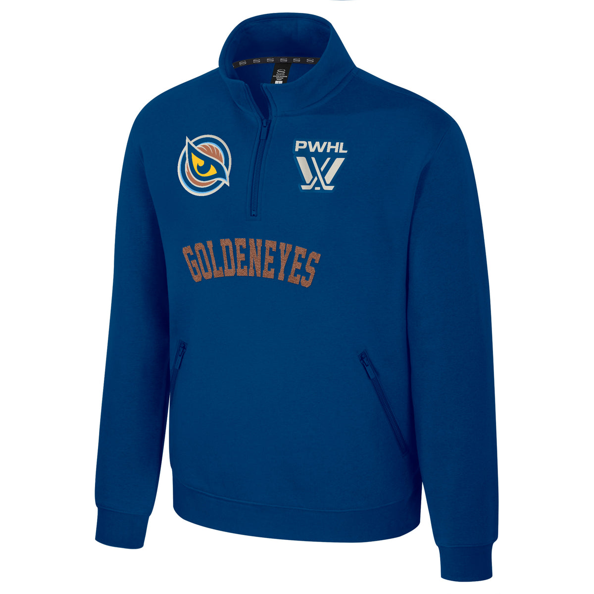 The front of a blue fleece quarter zip with an embroidered white PWHL logo on the left chest and a Vancouver Goldeneyes logo on the right chest. Below the zipper is a copper embroidered 'GOLDENEYES'.