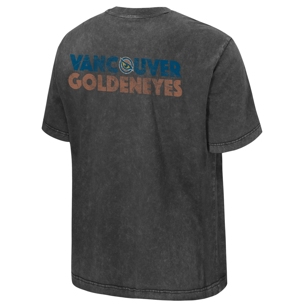The back of a dark gray wash short sleeve shirt that has 'VANCOUVER' in blue with 'GOLDENEYES' in tan below it. The Vancouver Goldeneyes logo in in place of the 'O' in Vancouver.