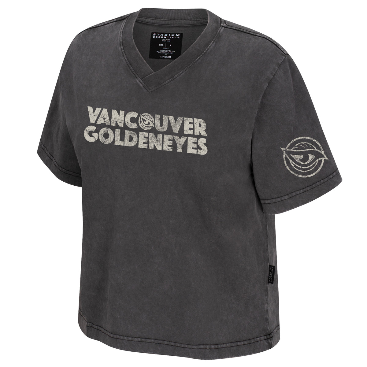 The front of a dark gray was short sleeve V-neck shirt. 'VANCOUVER GOLDENEYES' is in white across the front with the Vancouver Goldeneyes logo as the 'O' in Vancouver. The Vancouver Goldeneyes logo is in white in the left sleeve.
