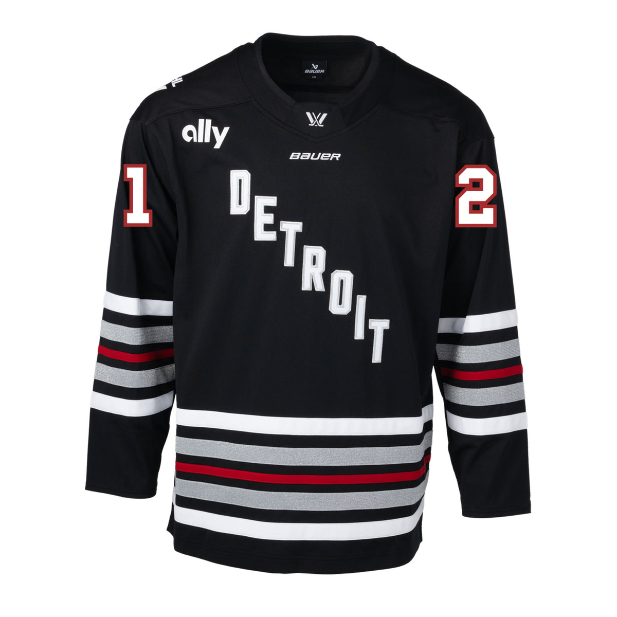 Front of a black jersey with red, white, and shimmering silver stripes on the sleeves and bottom hem. 'DETROIT' is in white with silver outlining diagonally across the chest. '21' is in white with red outlining on each sleeve. A white PWHL logo is on the front of the collar, a white Bauer logo below it, and a white Ally logo is on the right shoulder.