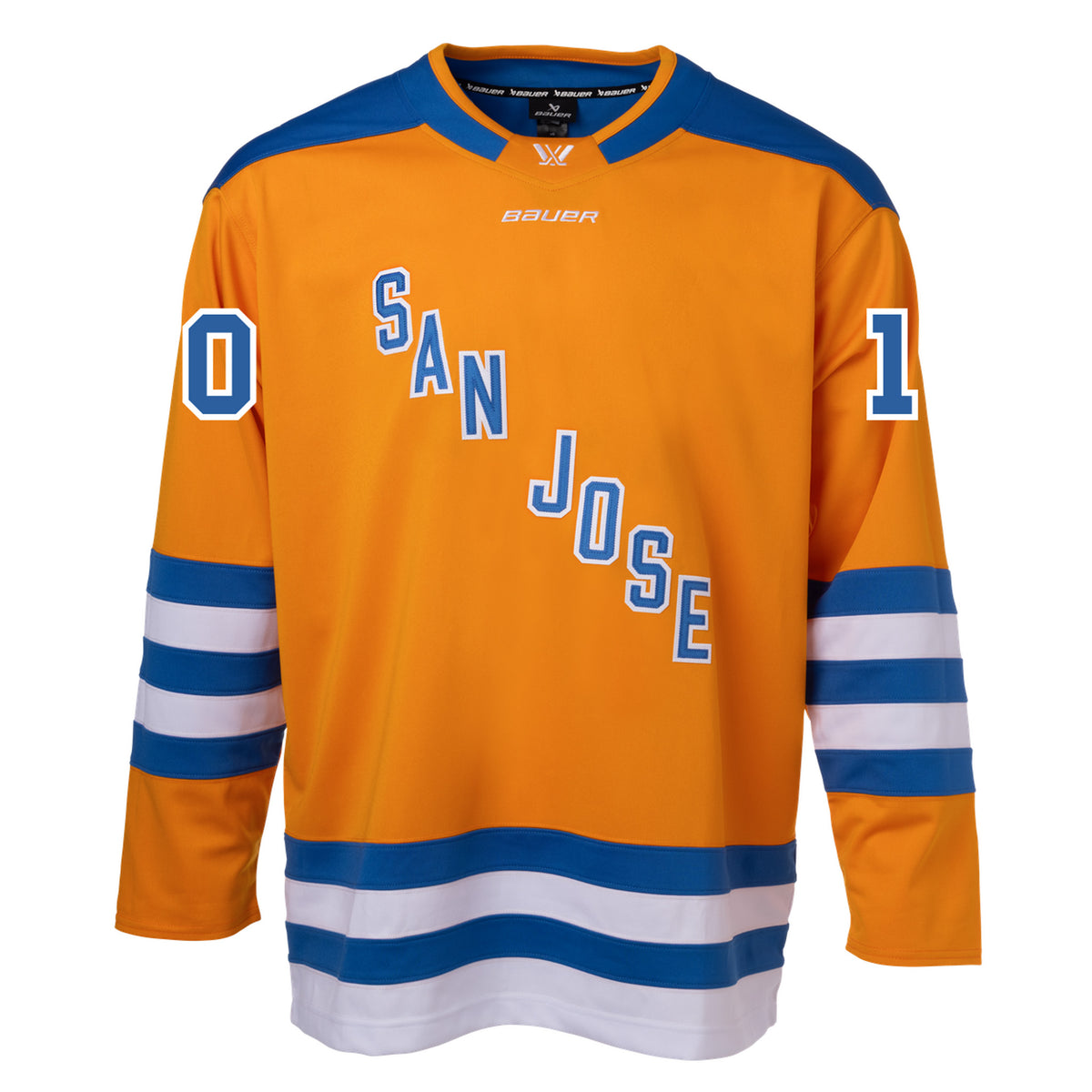 Front of an orange jersey with blue shoulder caps and blue and white stripes along the sleeves and bottom hem. In blue with white outlining is 'SAN JOSE' diagonally across the chest and '10' on each sleeve. The collar is blue with orange trim and color blocking on the front to showcase a white PWHL logo and a white Bauer logo below it.