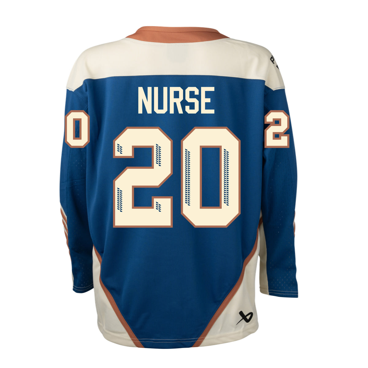 Back of a blue jersey with cream color blocking on the hips with a tan line on top. The collar is tan and cream shoulder caps have the PWHL logo on the left shoulder. The number '20' on the sleeves are cream with tan outlining. 'NURSE' is across the upper back in cream with '20' below it in cream with tan outlining and blue detailing inside the number.