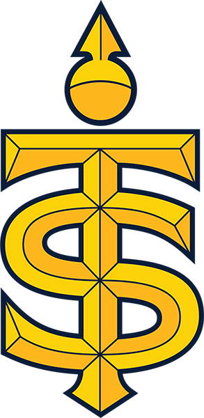 Yellow logo with a stylized design on a white background