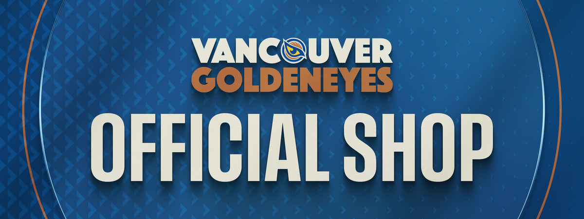 A blue promotional graphic with the Vancouver Goldeneyes team logo at the top and large text reading 'OFFICIAL SHOP' below it.