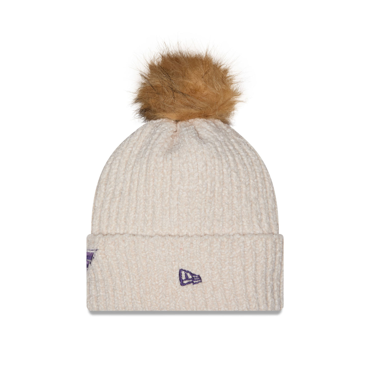 Side of cream-colored ribbed knit Minnesota Frost beanie hat with a brown faux-fur pom-pom on top and a cuffed brim with purple New Era Logo.