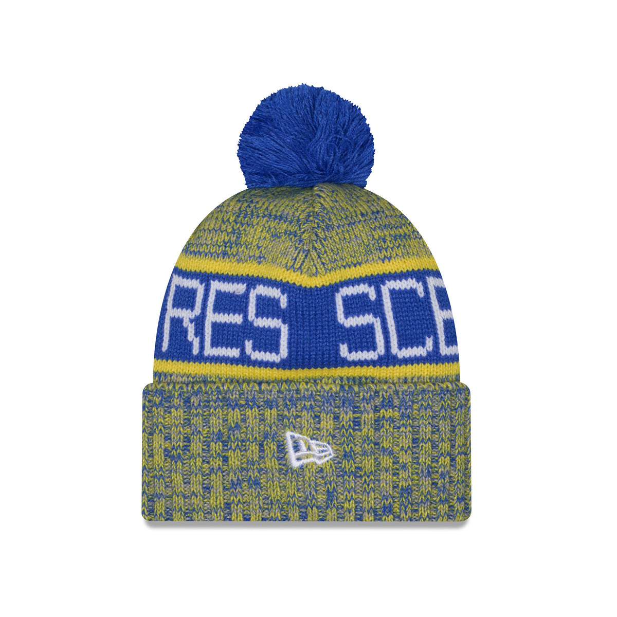 Side of a youth heathered blue and yellow knit pom-pom Toronto Sceptres beanie hat featuring large blue and yellow stripe, SCEPTRES stitched into stripe and a folded cuff with embroidered New Era Logo.