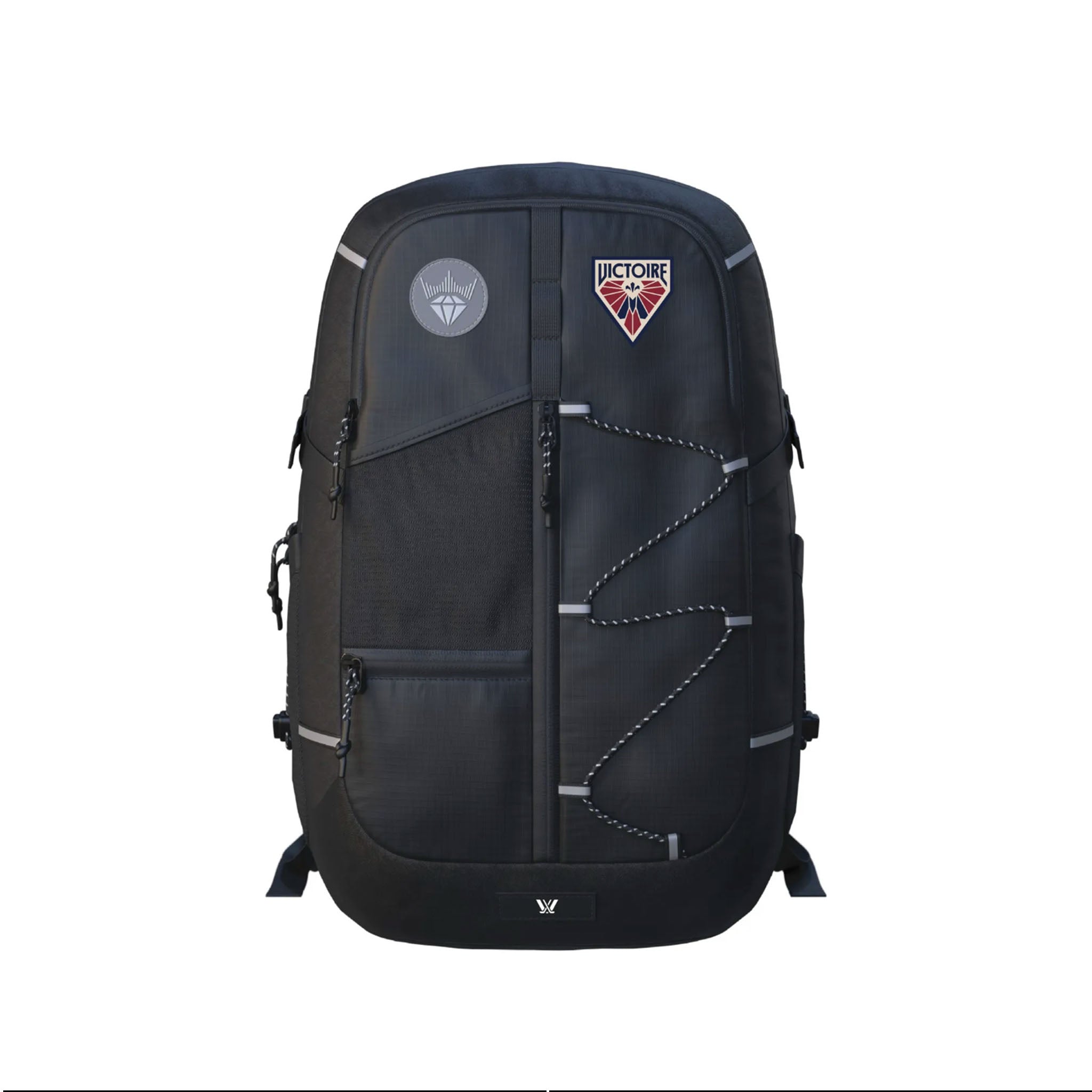 A black backpack with multiple zippered compartments, silver reflective straps, and two brand patches on the front, shown against a plain white background.
