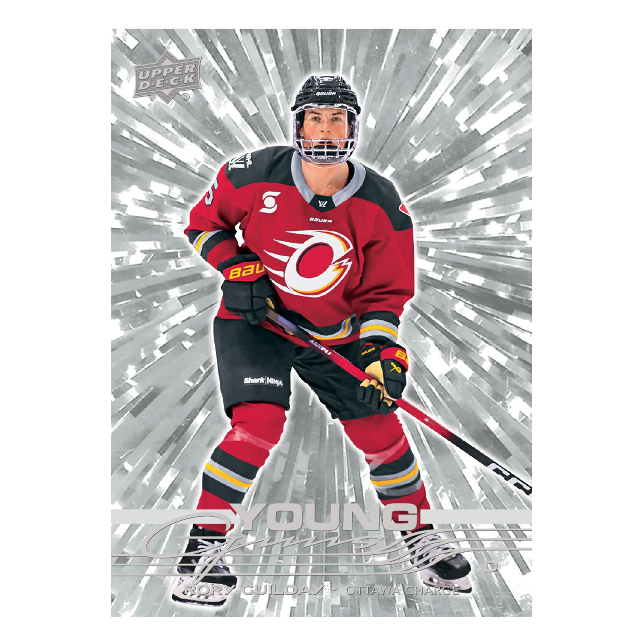 A hockey trading card featuring a player in a red and black Ottawa Charge uniform on a silver burst background, with the Upper Deck logo in the top left and Young Guns at the bottom.