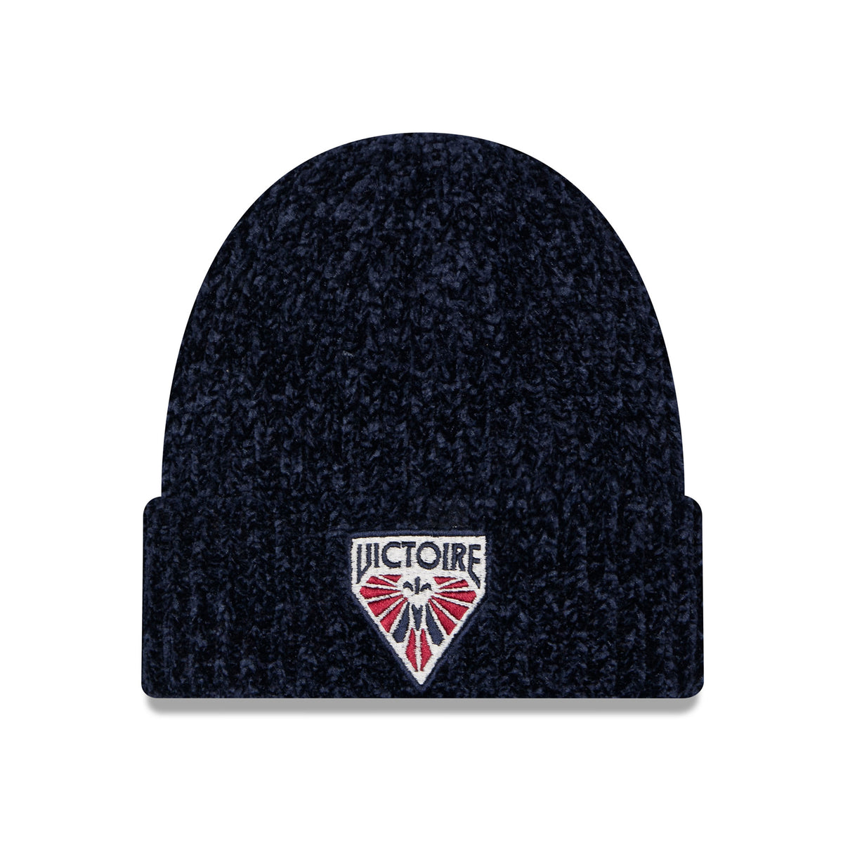 Front of dark blue knit beanie with a folded cuff, featuring a central embroidered logo for the Montreal Victoire.