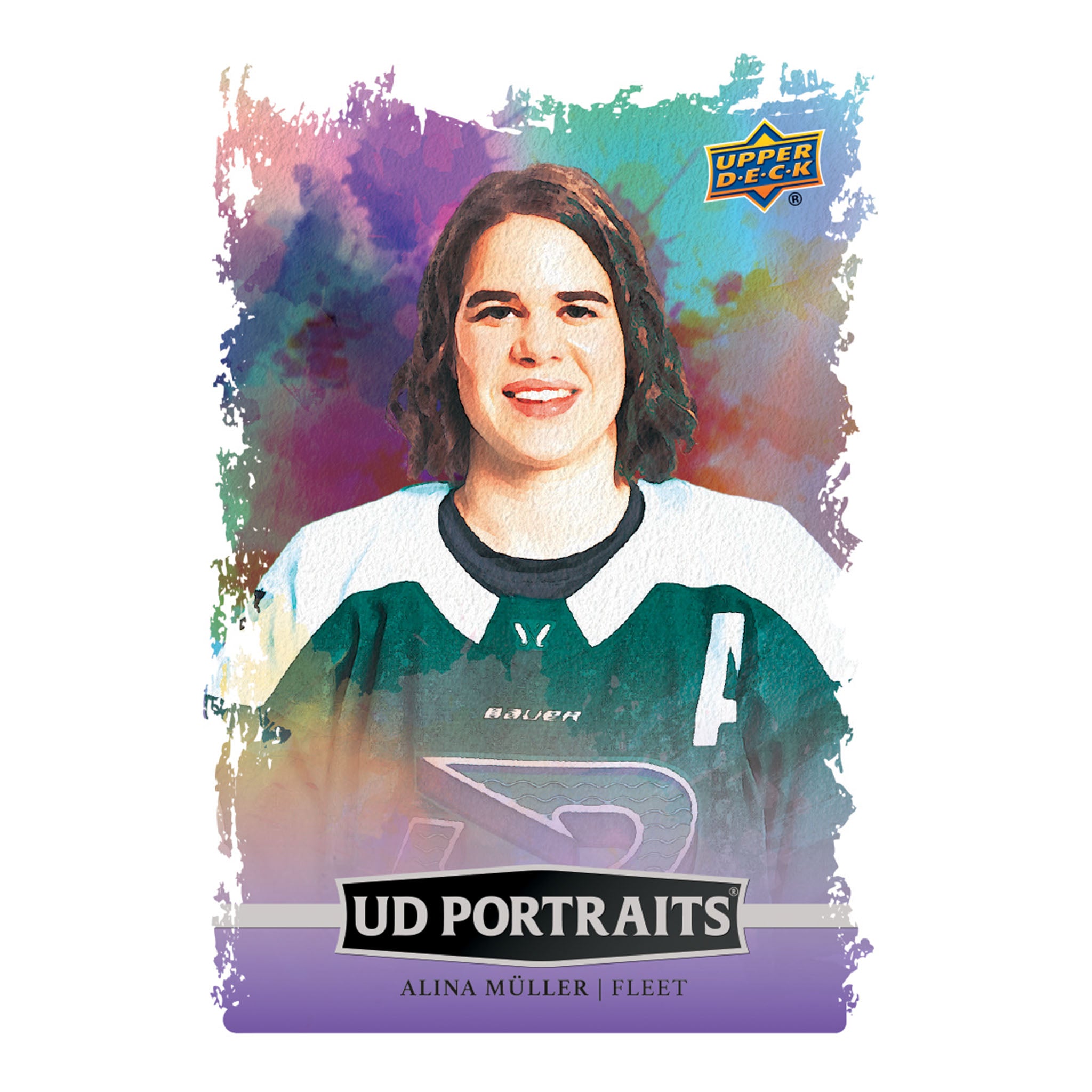 A collectible Upper Deck UD Portraits trading card featuring a watercolor-style portrait of Alina Müller in a green and white hockey jersey, with a purple border and colorful paint-splatter background.