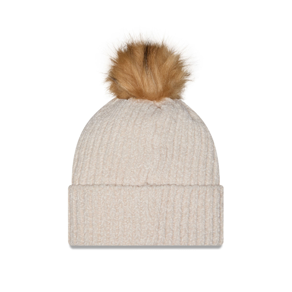 Back of cream-colored ribbed knit Toronto Sceptres beanie hat with a brown faux-fur pom-pom on top and a cuffed brim.