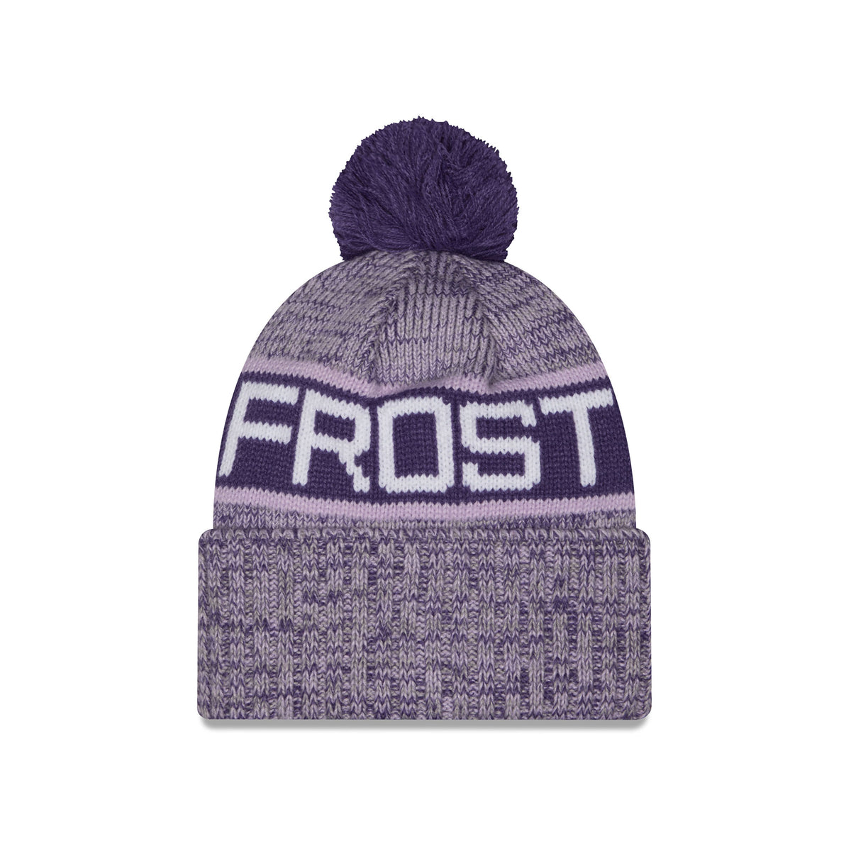 Back of a heathered purple knit pom-pom Minnesota Frost beanie hat featuring large purple stripe, FROST stitched into stripe and a folded cuff.
