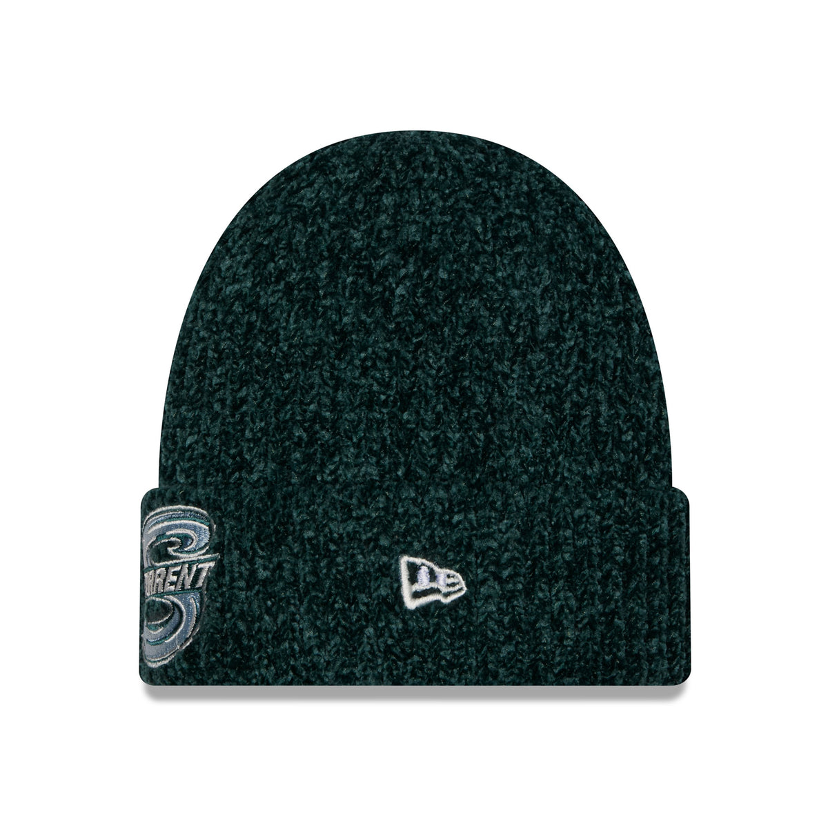 Side of green knit Seattle Torrent beanie with a folded cuff, featuring a central embroidered New Era logo.