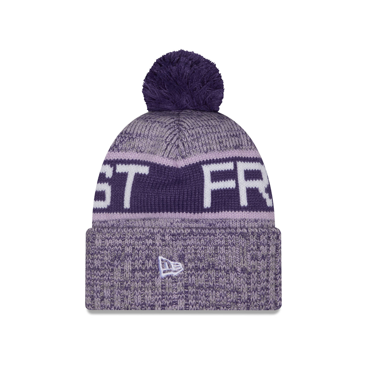 Side of a heathered purple knit pom-pom Minnesota Frost beanie hat featuring large purple stripe, FROST stitched into stripe and a folded cuff with embroidered New Era Logo.