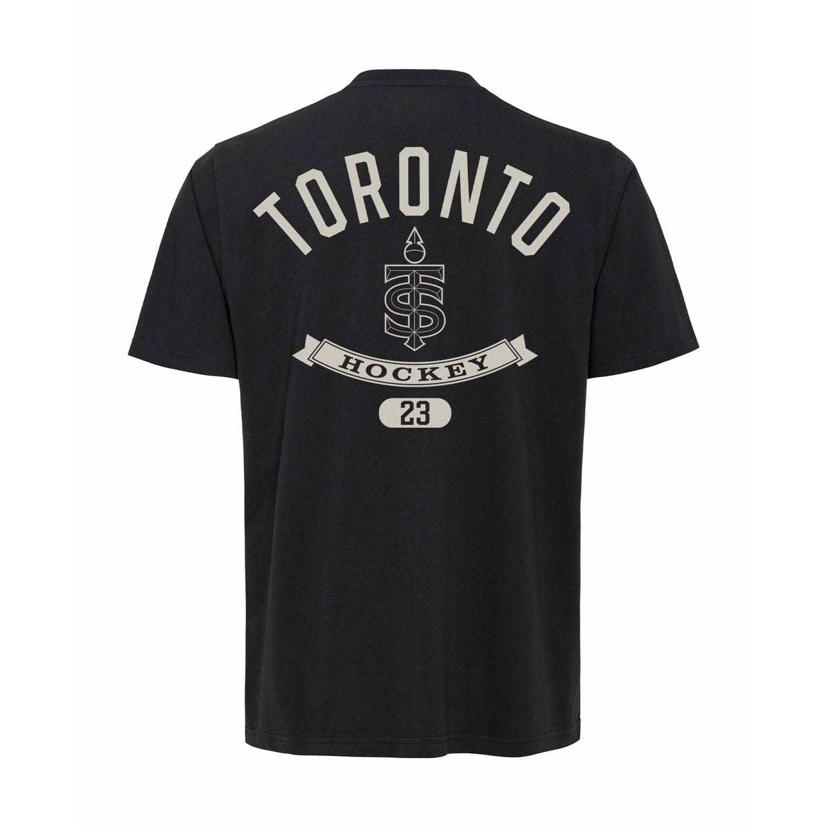 Back of a coal-color short sleeve shirt. In white reads 'TORONTO' above a white Toronto Sceptres logo, a ribbon banner reading 'HOCKEY' and a white oval with '23' in it.