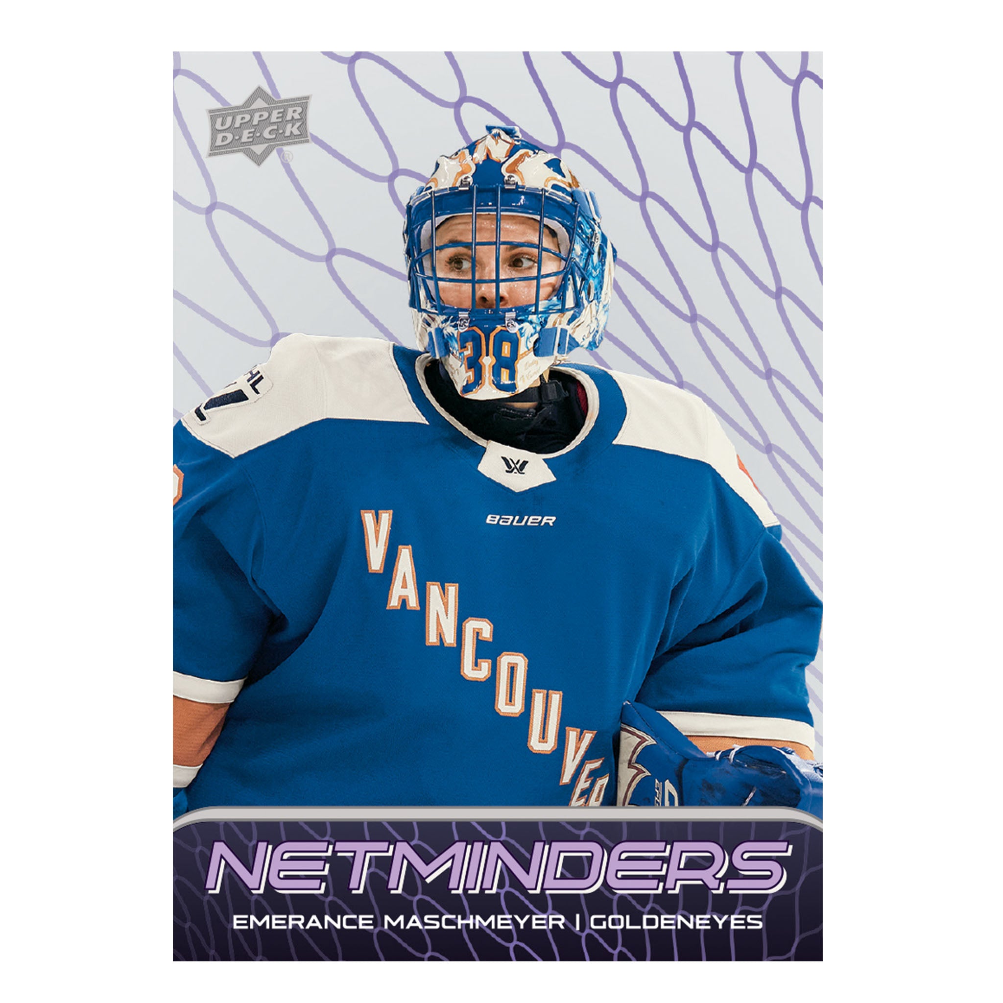 A hockey trading card featuring player Emerance Maschmeyer in a Vancouver Canucks goalie jersey, with the Upper Deck logo and 'Netminders' text at the bottom.