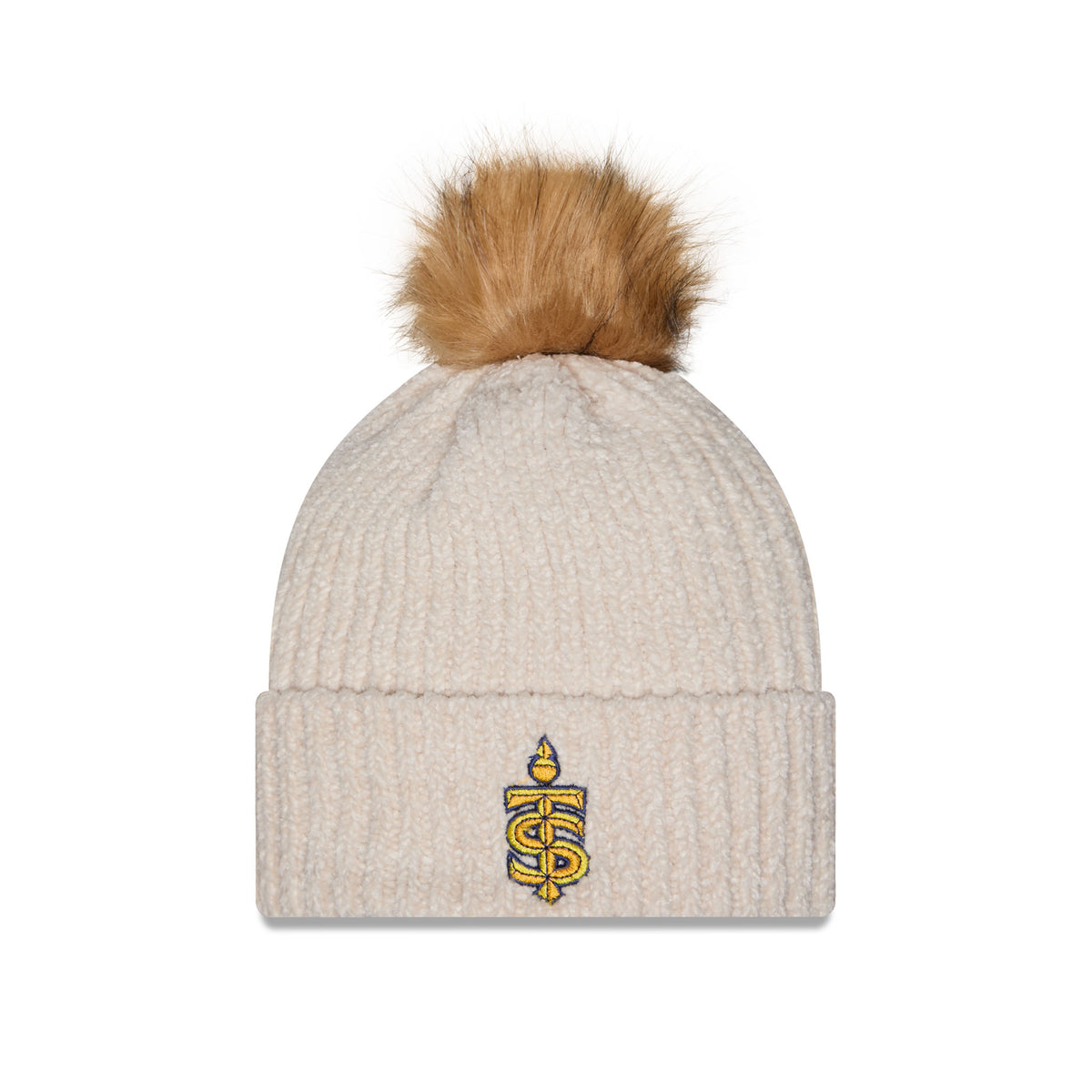 Front of cream-colored ribbed knit beanie hat with a brown faux-fur pom-pom on top and a cuffed brim featuring a Toronto Sceptres logo.