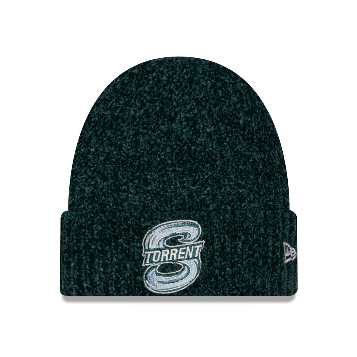 Front of green knit beanie with a folded cuff, featuring a central embroidered logo for the Seattle Torrent.