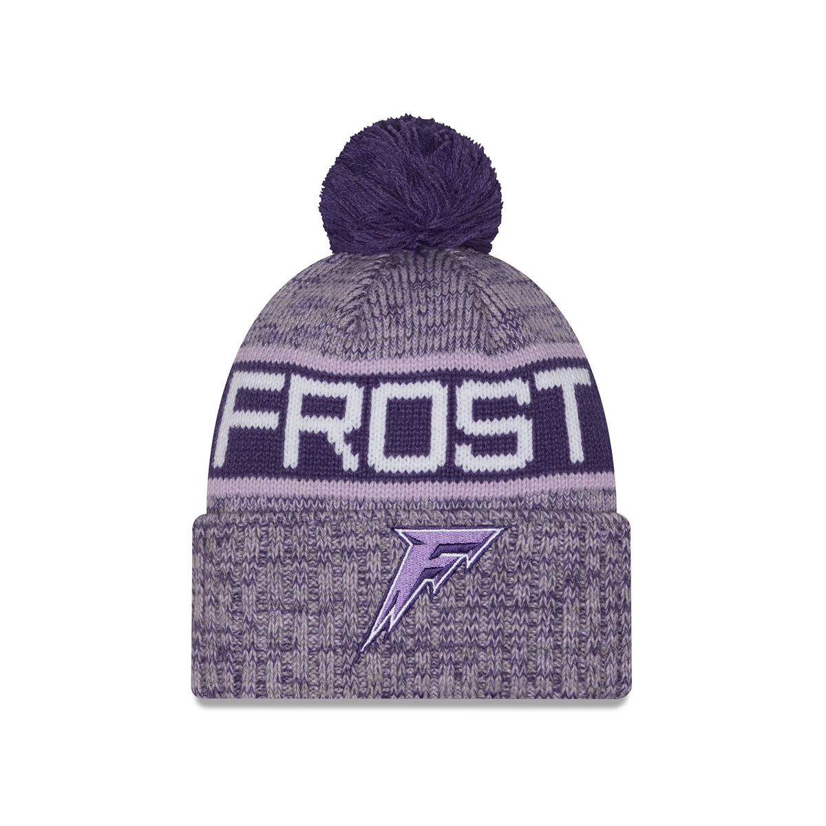 A heathered purple knit pom-pom Minnesota Frost beanie hat featuring large purple stripe, FROST stitched into stripe and embroidered Minnesota Frost logo displayed on a folded cuff.